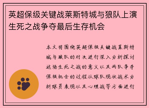 英超保级关键战莱斯特城与狼队上演生死之战争夺最后生存机会